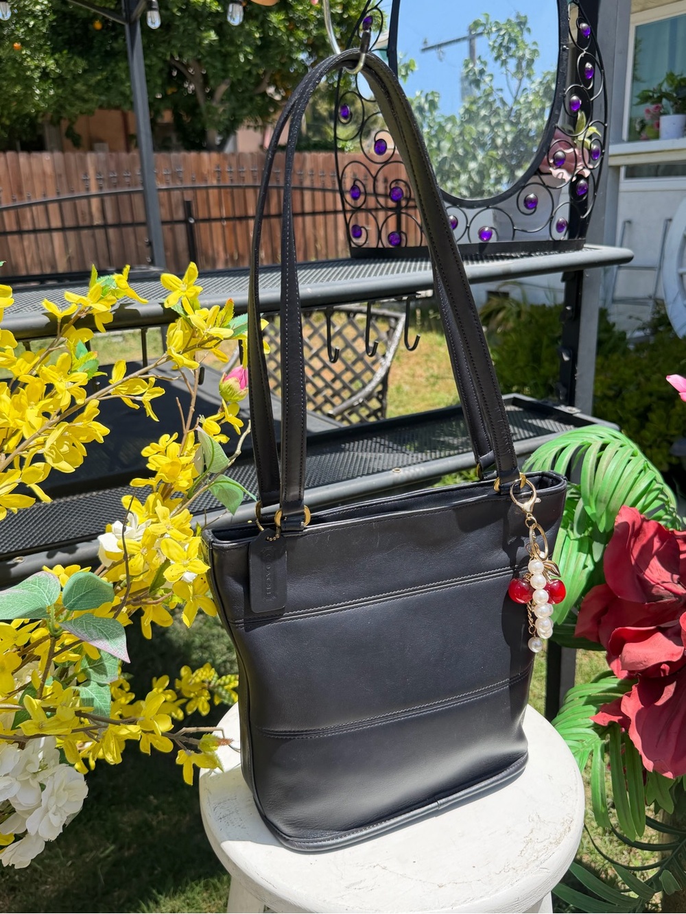 Coach  Black Leather Tote Bag with Bead Charm - Picture 6 of 10